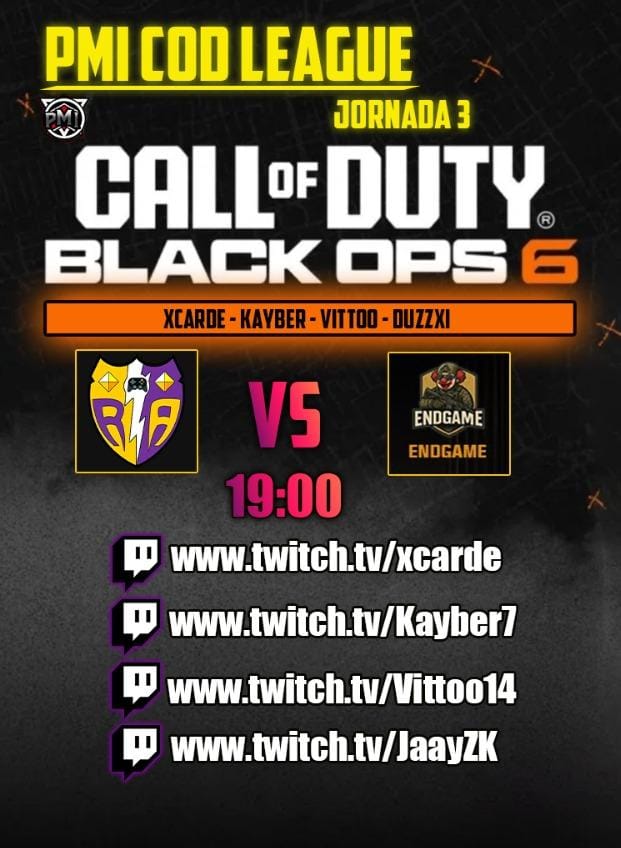 Afrontamos hoy el tercer partido de la #PMICodLeague de <a href="/PMI_eSports/">PMI eSports</a>.

📍Jornada 3
⏰ 19:00
🆚️ ENDGAME

<a href="/Carde_ibdes/">xCarde</a> 🔫
<a href="/Kayber777/">Kevin Bello Ramos</a> 🔫
<a href="/ViTtoo__/">Javi</a> 🔫
<a href="/DuzZxi/">Alex</a> 🔫
<a href="/Mathi223010/">Mathias</a> 💼
<a href="/Ivangato_10/">Gato⚡</a> 💼

#CallofDuty #esports