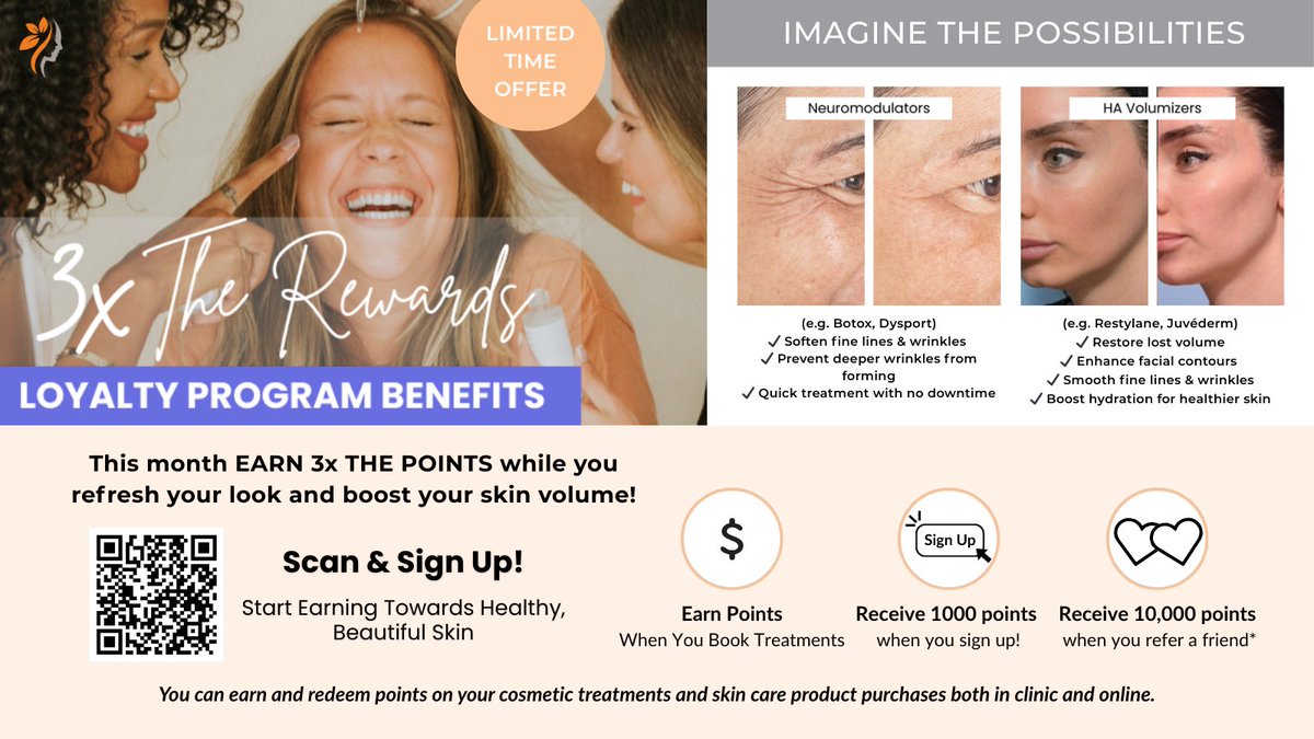 This April, earn 3X the points when you refresh your look with #Neuromodulators (e.g. #Botox, #Dysport) or boost volume with our Hyaluronic Acid Volumizers (e.g. #Restylane, #Juvéderm). Offer expires April 30th, 2025  #monthlyspecial  #antiaging #springrefresh #skinrenewal