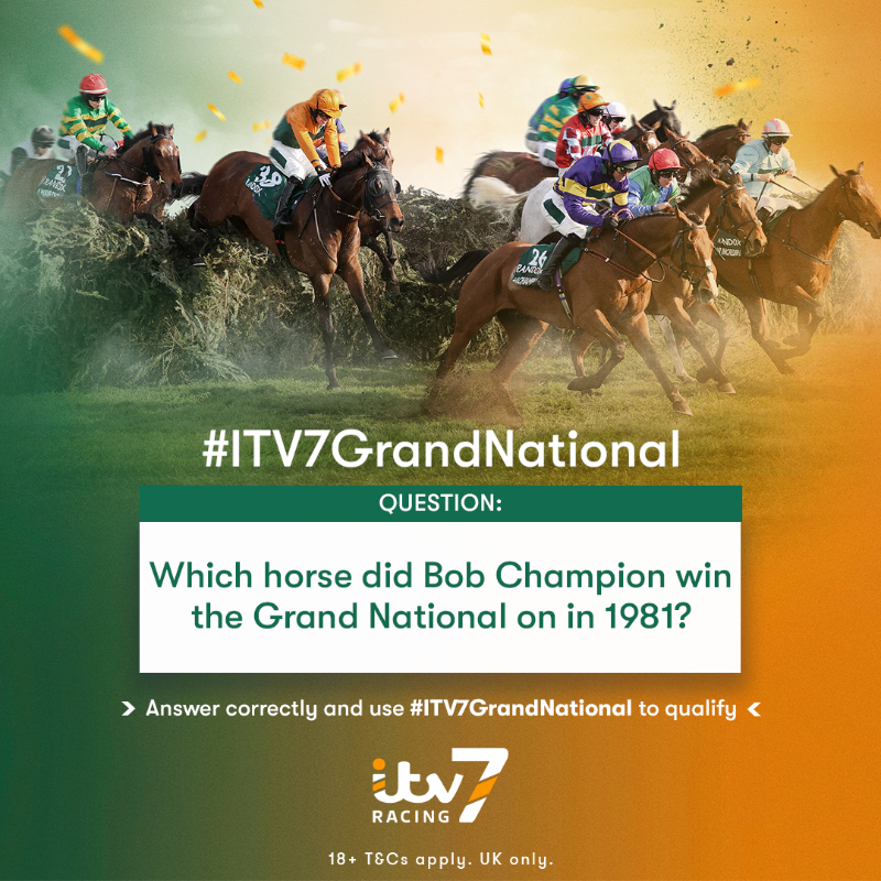 ITV7Racing's tweet photo. 🏇 𝗖𝗼𝗺𝗽𝗲𝘁𝗶𝘁𝗶𝗼𝗻 🏇

For the chance to win a £500 cash prize... 💸

Follow @itv7 &amp; reply to THIS post with the answer to the question &amp; use #ITV7GrandNational 📲

One winner will be announced tomorrow after 10am ⌚️

T&amp;C's apply 🔗