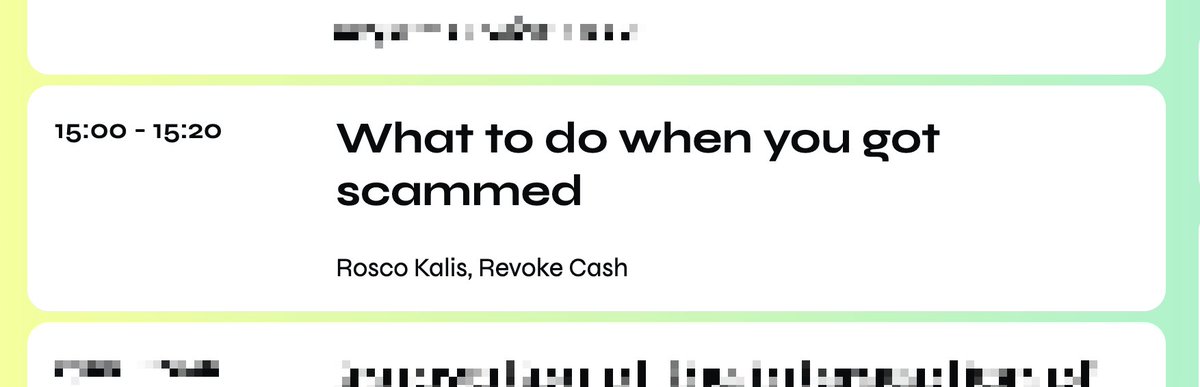 Rosco Kalis (@roscokalis) on Twitter photo I'll be speaking at <a href="/ETHBucharest_/">ETH Bucharest</a> this week about the steps to take when you get scammed/phished and how to avoid it in the first place.
Make sure to join the talk on Friday and come find me in Bucharest this weekend! 🫡 I'll be speaking at <a href="/ETHBucharest_/">ETH Bucharest</a> this week about the steps to take when you get scammed/phished and how to avoid it in the first place.
Make sure to join the talk on Friday and come find me in Bucharest this weekend! 🫡