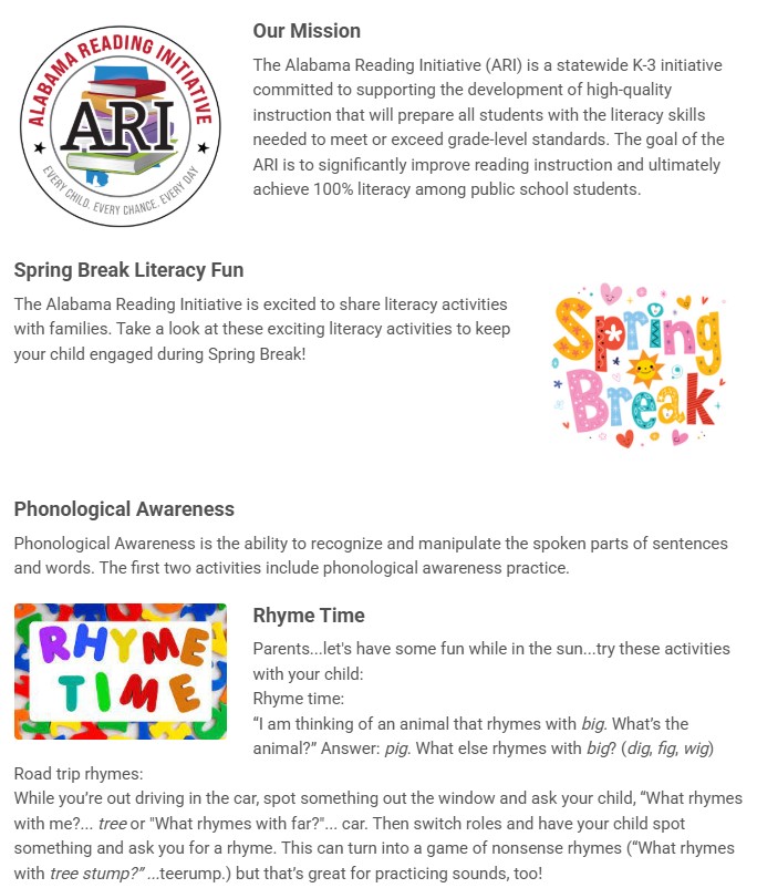 Principal Project (@principalproj) on Twitter photo 📚 Reading can be a fun part of spring break. ☀️
Here are tools for teachers to pass on to families to keep students progressing (via <a href="/Alabama_Reading/">ARI / The Alabama Reading Initiative, ALSDE</a>).
secure.smore.com/ca4ry-spring-b… 📚 Reading can be a fun part of spring break. ☀️
Here are tools for teachers to pass on to families to keep students progressing (via <a href="/Alabama_Reading/">ARI / The Alabama Reading Initiative, ALSDE</a>).
secure.smore.com/ca4ry-spring-b…