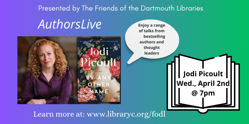 dartlibraries's tweet image. Jodi Picoult will be the AuthorsLive interview Wednesday, April 2nd at 7pm. libraryc.org/fodl