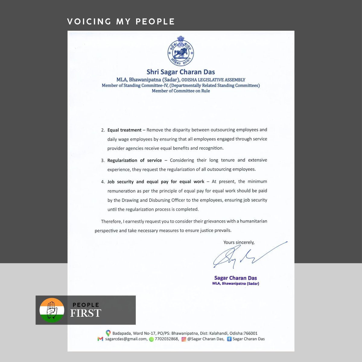 sagarcharandas's tweet photo. The Odisha Government Outsourcing Employees' Federation represents  thousands of outsourcing employees who face severe exploitation by service providers and administrative authorities alike. Despite being highly qualified and dedicated, they are subjected to extremely low wages, lack social security and suffer from continuous job insecurity. Many have been unfairly retrenched, pushing them into financial distress. Previous governments have given assurances but their grievances remain unresolved.

I have written to Hon’ble CM, urging to take immediate steps to resolve these issues. These issues demand urgent intervention and the government should address them as a priority to ensure justice for these employees.

@CMO_Odisha

#Grievance #OdishaGovernment #OutsourcingEmployeeFederation   #SagarCharanDas #MLABhawanipatna #SadarReSagar #BhawanipatnaAssembly #YouthLeader #Bhawanipatna #KalahandiCongress #OdishaCongress
