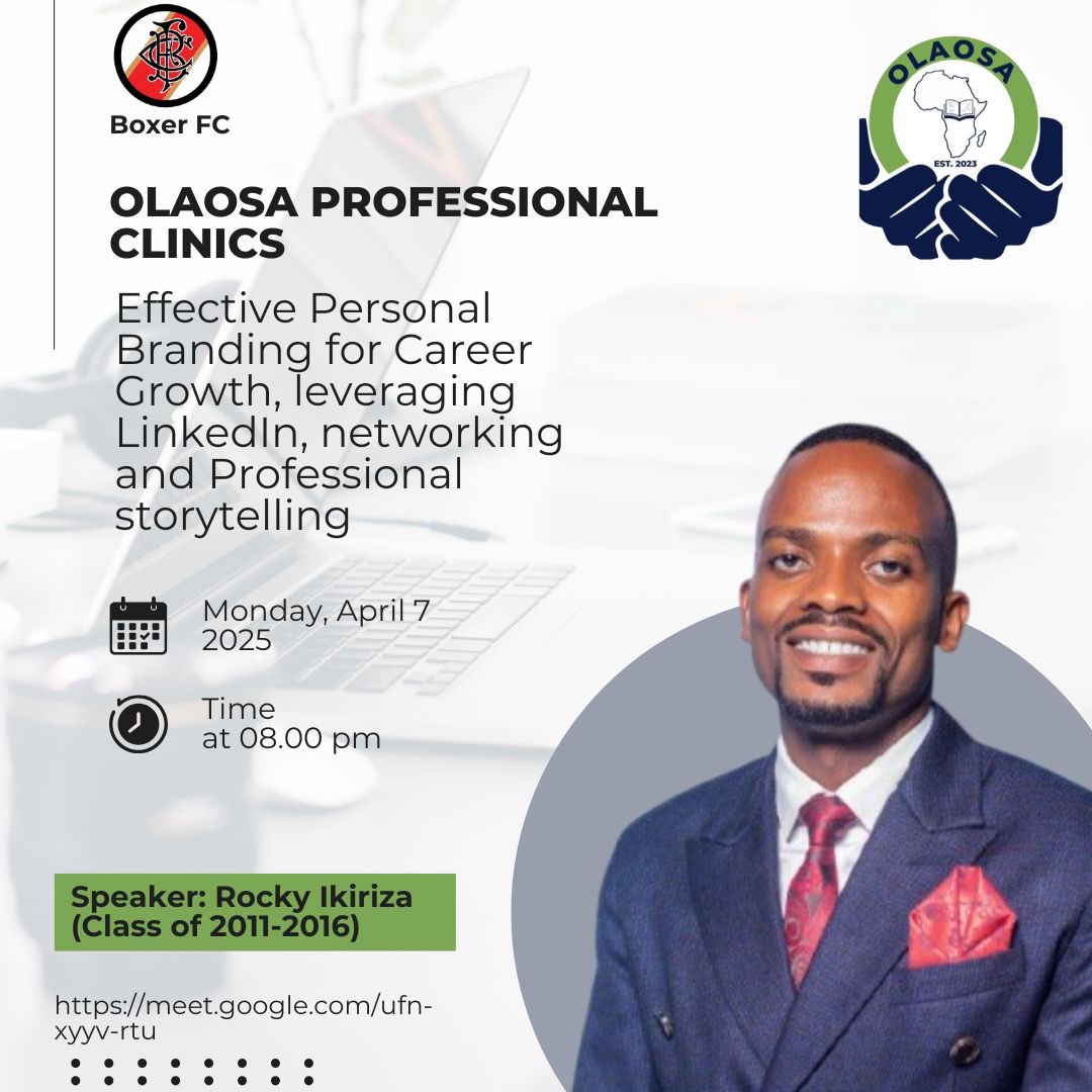 Our own <a href="/QSRocky/">ᵠˢ Rocky Ikiriza</a> will be giving back to the <a href="/OlaosaCom23/">OLAOSA_COMMUNITY</a> in a single webinar alongside our Podcast host Ms. Nakaweesa Yvonne.

Boxer FC is a home of professionals.

Log ins: meet.google.com/ufn-xyyv-rtu