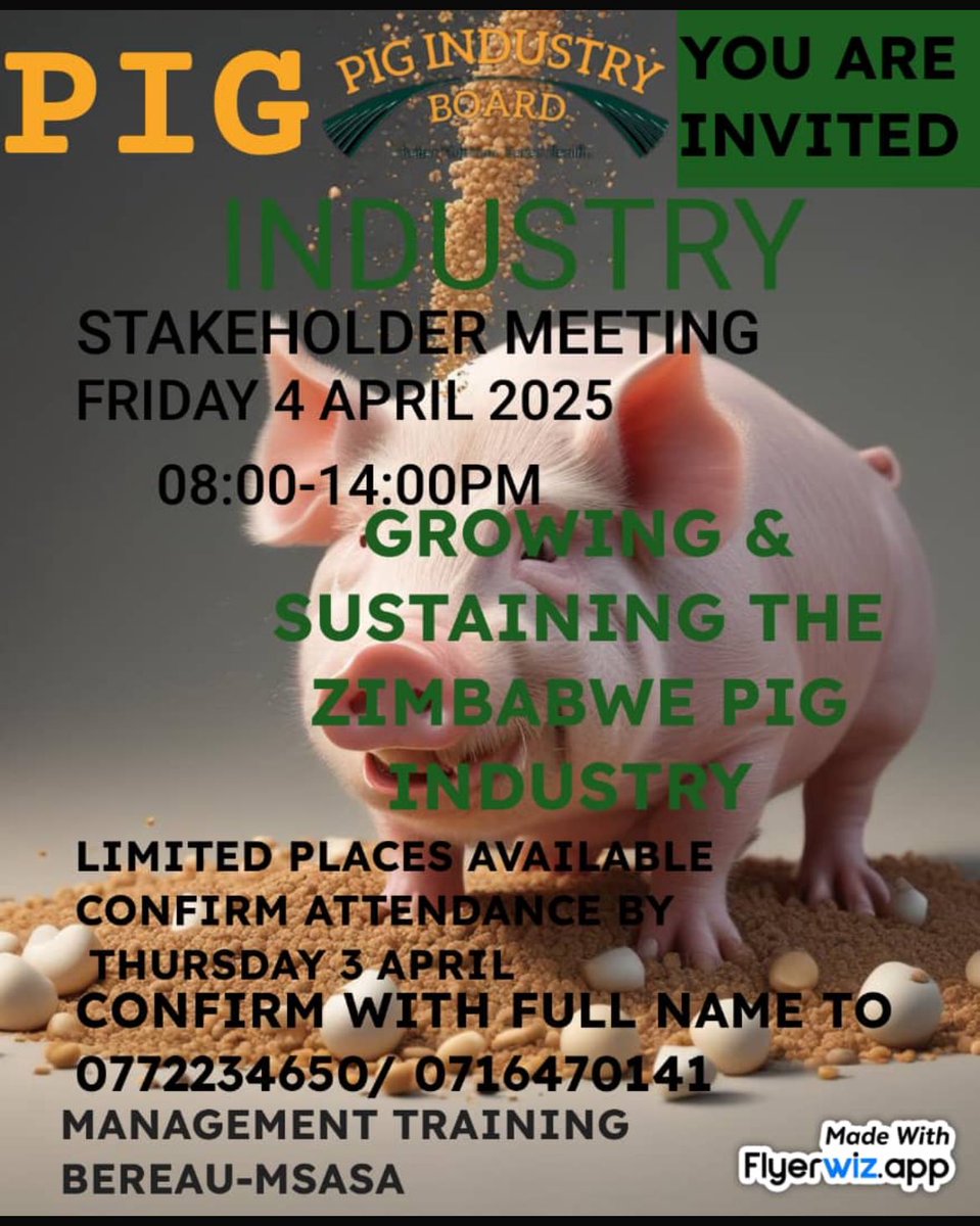 The Pig Industry Board of Zimbabwe is having a stakeholders meeting and you are free, its one perfect time to meet and discuss issues concerning the pork value chain in Zimbabwe. 

#pigfarming