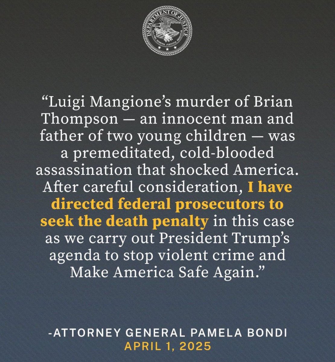 🚨 AGORA: Departamento de Justiça dos Estados Unidos pedirá PENA DE M0RTE para Luigi Mangione em caso de assassinato de CEO.