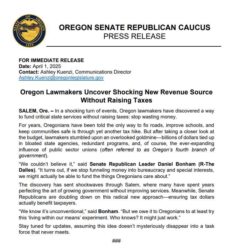 ORSenateGOP's tweet photo. BREAKING: Oregon lawmakers have found billions in the budget without raising taxes. The secret? Stop wasting money. Who knew? We don’t need higher taxes to fund schools, roads, & public safety—just less bureaucracy & special interests. Will Salem wake up or keep ignoring it? 🤔