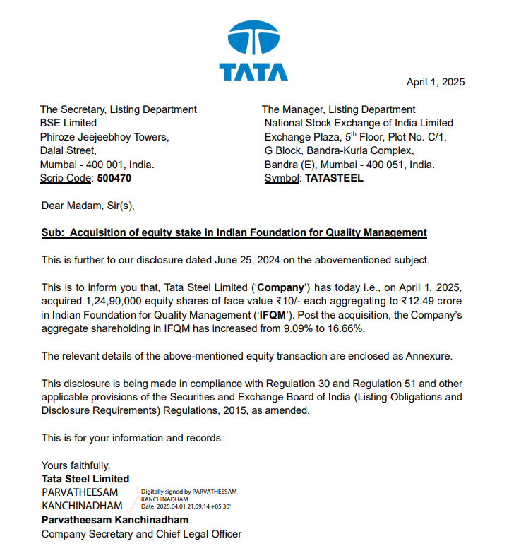 CNBCTV18Live's tweet photo. #JustIn | Tata Steel acquires 1.24 lakh shares of Indian Foundation for Quality Management (IFQM) for ₹12.49 crore

Post the acquisition, the Co’s shareholding in IFQM has increased from 9.09% to 16.66% https://t.co/d9Yf4ZfmDv