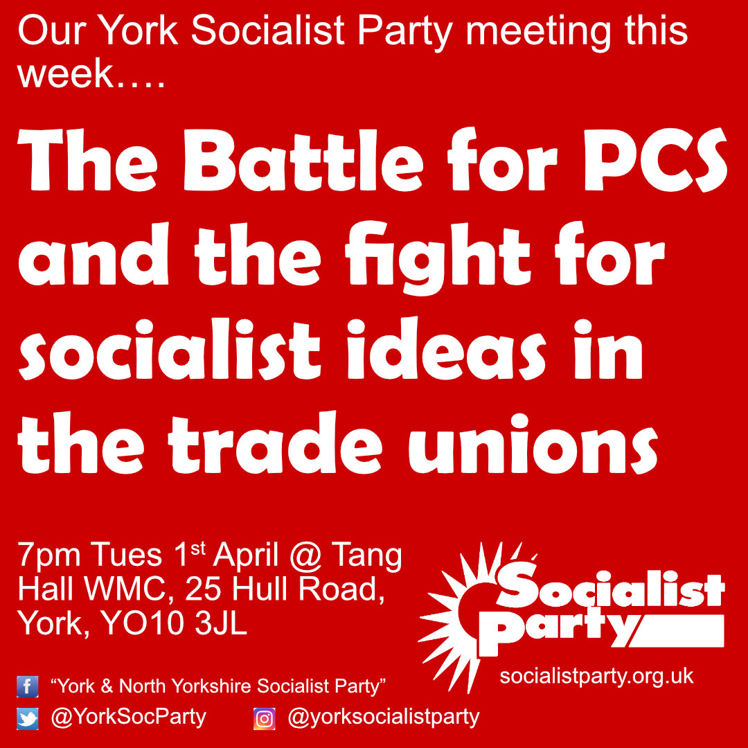 YorkSocParty's tweet photo. Our meeting this evening discussing socialists and the trade unions with a focus on the PCS union. 7pm at Tang Hall WMC

You can read the latest on the upcoming elections in the PCS union here - https://t.co/UirVewNKTM https://t.co/6seuWhygR4