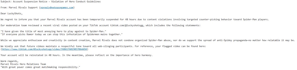 I just got banned from #MarvelRivals for 48hours 

for "Violation of Hero Conduct Guidelines"💀