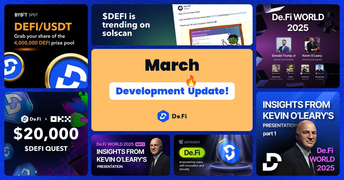 DeFi's tweet image. 🚨March Wraps Up, But the Real Action Is Only Getting Started!

• Real World $DEFI Utilities
• 4,000,000 $DEFI Campaign with ByBit
• Interview with Kevin O’Leary
• $20,000 Quest with OKX
• and more!

🧵Sharing our March Development Recap
