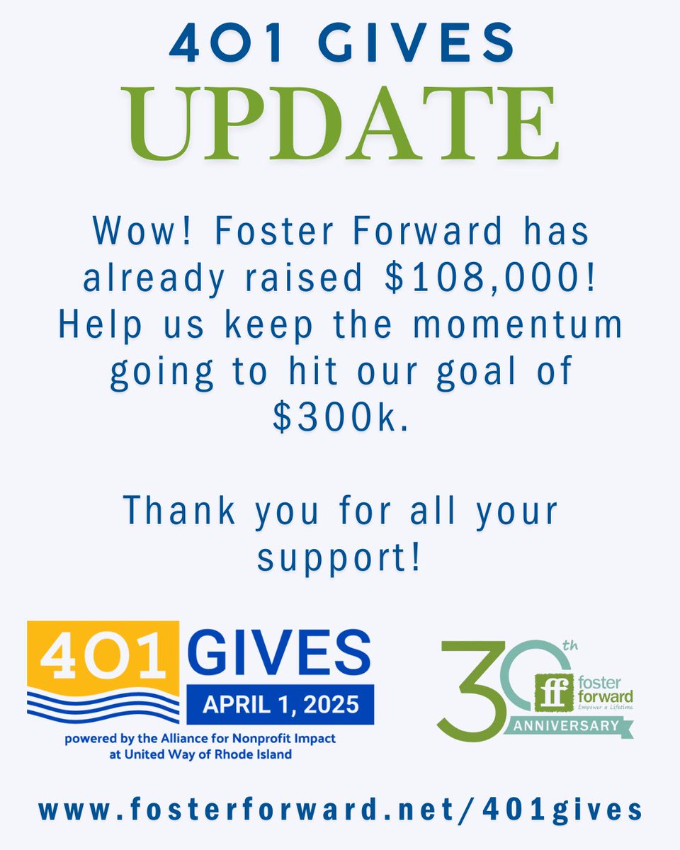 We’ve raised $108K+ and unlocked our $30K Board Double Match! 🎉

But there’s still time to DOUBLE your gift with our $125K match—thanks to Eugene La Pietra, Waterson Terminal Services &amp; the Goldstein Memorial Fund.

Give now → fthr-content.fosterforward.net/401Gives-3

#401Gives