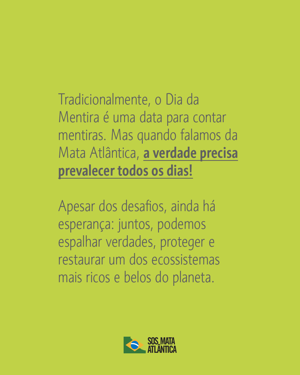 sosma's tweet photo. Hoje, no Dia da Mentira, escolhemos um caminho diferente: compartilhar verdades sobre a Mata Atlântica!

Esse bioma, um dos mais ricos do planeta, ainda enfrenta desafios como o desmatamento e a perda de biodiversidade. Mas há também muitas razões para ter esperança! Graças aos esforços de conservação, áreas estão sendo restauradas, espécies estão sendo protegidas e cada vez mais pessoas se unem para cuidar desse patrimônio natural.