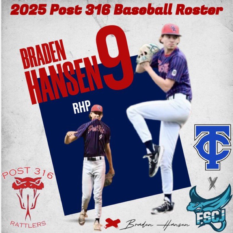 HE’S BACK! The all time and single season leader in every major pitching category returns to Post 316 for his 3rd and final season! The FSCJ freshman and 2024 Trinity Christian graduate currently leads FSCJ in appearances and boasts a 17/3 K/BB ratio. Welcome back Braden! 🐍