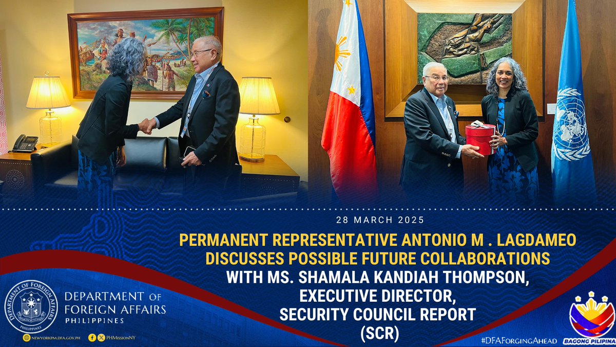 Philippine Mission to the UN (@phmissionny) on Twitter photo 🤝Amb/PR Antonio Lagdameo and Shamala Kandiah Thompson <a href="/skandiah/">Shamala Kandiah</a>, Executive Director of <a href="/SCRtweets/">Security Council Report</a>, meets and exchange views on #UNSC dynamics, capacity-building, and effective engagement in the #SecurityCouncil.
<a href="/DFAPHL/">DFA Philippines 🇵🇭</a> <a href="/SecManalo/">Enrique A. Manalo 🇵🇭</a> 🤝Amb/PR Antonio Lagdameo and Shamala Kandiah Thompson <a href="/skandiah/">Shamala Kandiah</a>, Executive Director of <a href="/SCRtweets/">Security Council Report</a>, meets and exchange views on #UNSC dynamics, capacity-building, and effective engagement in the #SecurityCouncil.
<a href="/DFAPHL/">DFA Philippines 🇵🇭</a> <a href="/SecManalo/">Enrique A. Manalo 🇵🇭</a>