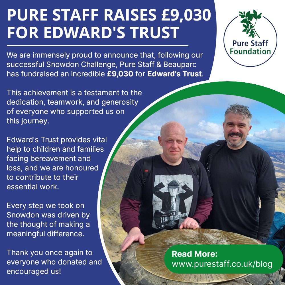 PureStaffLtd's tweet image. 🎉 Pure Staff &amp;amp; Beauparc conquered the Snowdon Challenge and raised an amazing £9,030 for Edward’s Trust! 

Read more 👉 purestaff.co.uk/pure-staff-bea…

#SnowdonChallenge #EdwardsTrust #Charity #Teamwork #MakingADifference
