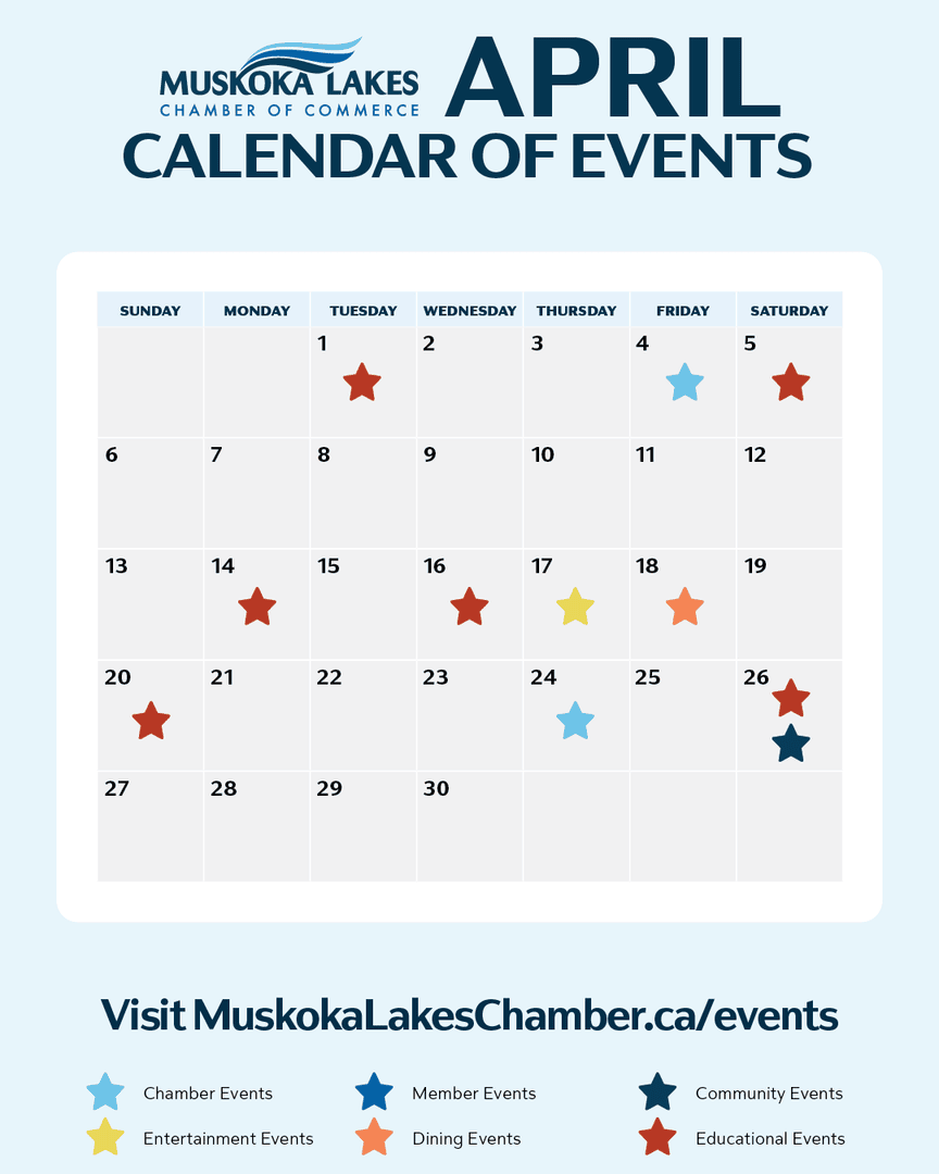 MuskokaLakesCC's tweet image. Welcome April in Muskoka! Explore the Muskoka Lakes Chamber of Commerce calendar for exciting events happening this month.

Find all the details at heyor.ca/7L2fhU

#ChamberOfCommerce #AprilEvents #MuskokaEvents #Muskoka #MuskokaLakes