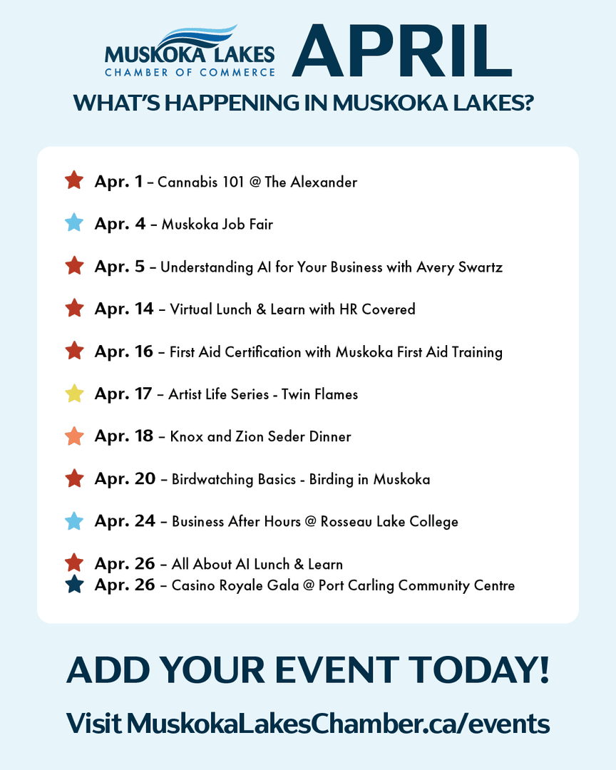 MuskokaLakesCC's tweet image. Welcome April in Muskoka! Explore the Muskoka Lakes Chamber of Commerce calendar for exciting events happening this month.

Find all the details at heyor.ca/7L2fhU

#ChamberOfCommerce #AprilEvents #MuskokaEvents #Muskoka #MuskokaLakes