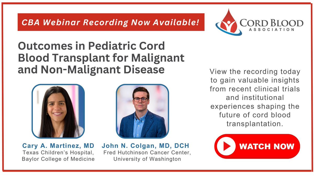 The recording of CBA’s March 20 webinar, "Outcomes in Pediatric Cord Blood Transplant for Malignant and Non-Malignant Disease", is now available!

Gain insights on the future of #cordblood transplantation and more. Watch now on the CBA YouTube channel: buff.ly/MPgAv1G