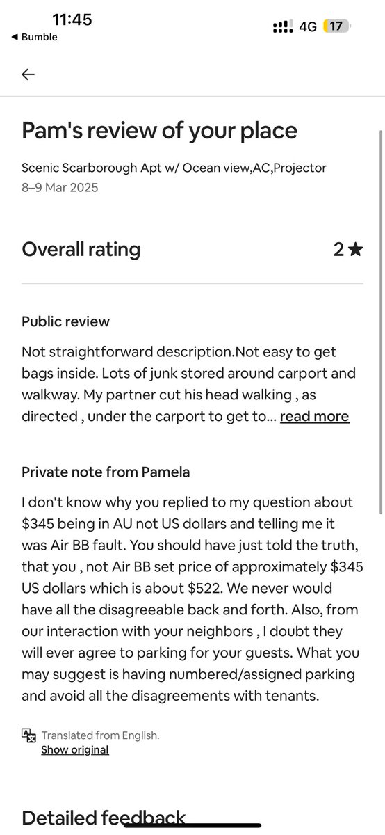 mindmovemend_'s tweet photo. @airbnbterrace @AirbnbHelp @Airbnb Retaliatory review that is clear online bullying seen in review, my messaging and brought up to airbnb support prior as she tried to scam and ask for money “I meant to book USD”,yet damaging review remains and I continue to pay price and fight till taken down @AirbnbHelp @Airbnb https://t.co/yQouzwn7ZK