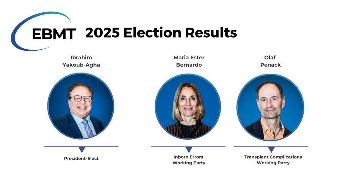 The EBMT (@theebmt) on Twitter photo EBMT 2025 Election Results are in! 📣 #EBMT25
🎉 Congratulations to Ibrahim Yakoub-Agha, named EBMT President-Elect, as he embarks on a one-year transition, alongside <a href="/AnnaSureda5/">Anna Sureda</a>.
A big welcome also to our new EBMT Working Party Chairs:
👤 Maria Ester Bernardo - EBMT Inborn EBMT 2025 Election Results are in! 📣 #EBMT25
🎉 Congratulations to Ibrahim Yakoub-Agha, named EBMT President-Elect, as he embarks on a one-year transition, alongside <a href="/AnnaSureda5/">Anna Sureda</a>.
A big welcome also to our new EBMT Working Party Chairs:
👤 Maria Ester Bernardo - EBMT Inborn