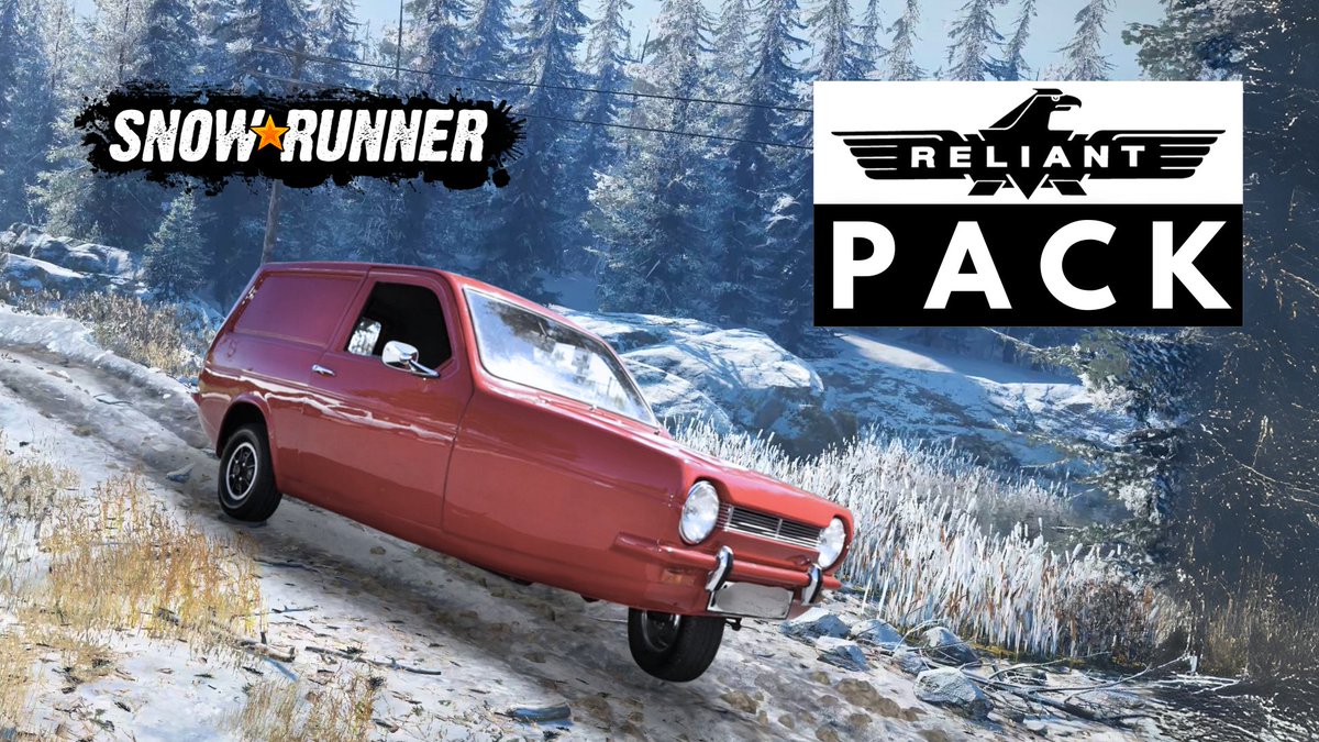 A red Reliant car in a snowy landscape, featuring logos for "SnowRunner" and "Reliant Pack."