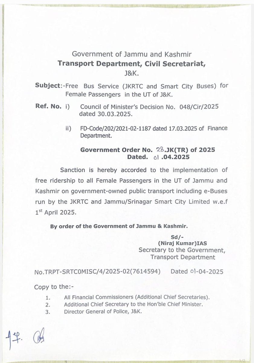 CM_JnK's tweet photo. Starting today, all female passengers across J&amp;K can now ride free on JKRTC and Smart City e-buses — Empowering women. Enabling mobility. https://t.co/5ElGCfyfVD