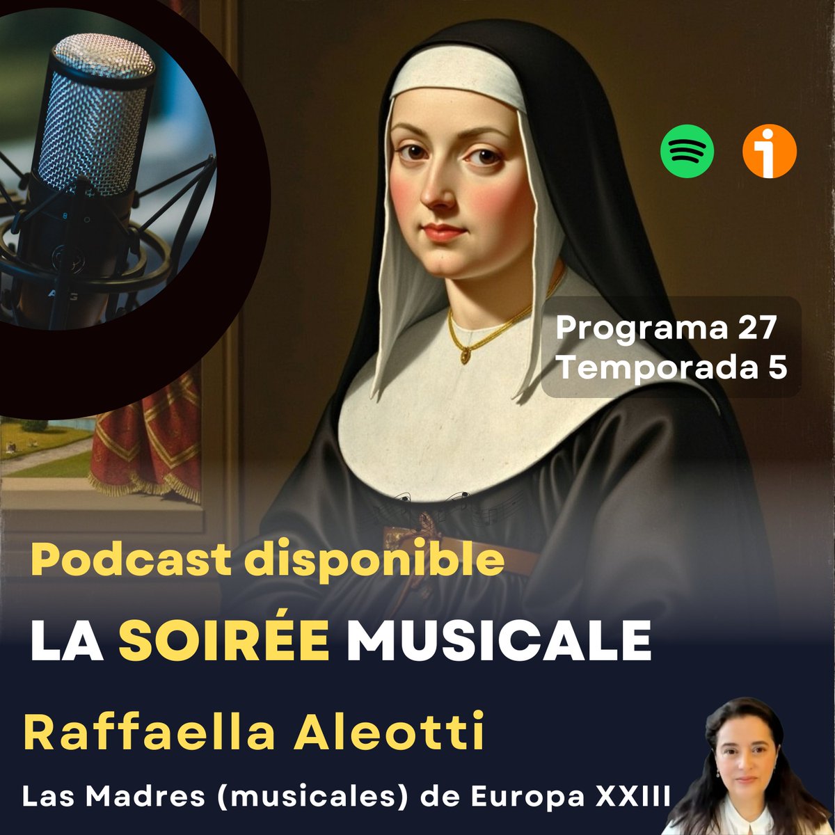 musicale_soiree's tweet photo. Aquí  tenéis el podcast del lunes 24 de marzo de nuestro proyecto de Compositoras con Raffaella Aletotti que fue una compositora, organista y monja italiana, reconocida como la primera mujer en publicar  música sacra en la historia de la música occidental. Espero que les  guste. https://t.co/9iwYpmAXgy