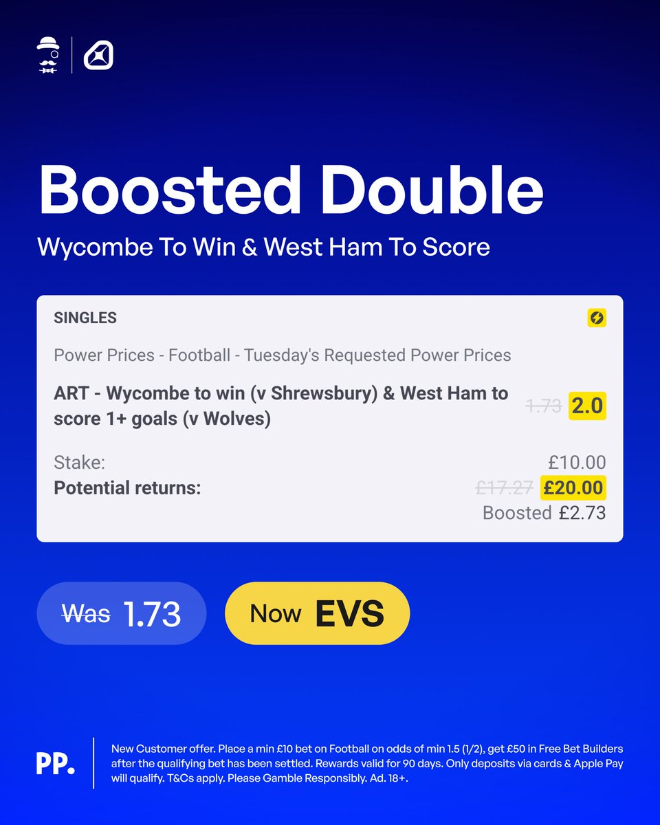 🎩 Andy’s Football Tips (@andyrobsontips) on Twitter photo ⚡️Today’s Boosted Double
Load: bit.ly/BD-01-04
Join Paddy Power, & place £10 to qualify for £50 in Free Bets.
Claim offer: bit.ly/CLAIM-50-FreeB…
My last one was a winner, let’s make it two in a row. 🤝🏼
18+, T&Cs Apply. Ad. ⚡️Today’s Boosted Double
Load: bit.ly/BD-01-04
Join Paddy Power, & place £10 to qualify for £50 in Free Bets.
Claim offer: bit.ly/CLAIM-50-FreeB…
My last one was a winner, let’s make it two in a row. 🤝🏼
18+, T&Cs Apply. Ad.