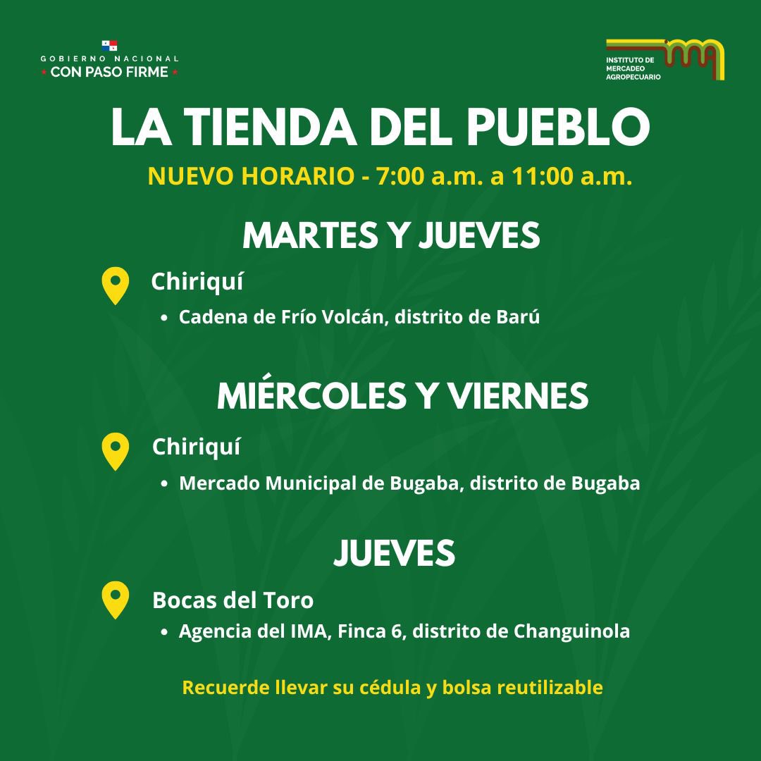 IMA_Pma's tweet photo. Estas son las ubicaciones de las tiendas permanentes del IMA, que a partir de este miércoles 2 de abril reanudarán su atención al público, en horario de 7:00 a.m. a 11:00 a.m.

Recuerde llevar su cédula y bolsa reutilizable

#ConPasoFirme https://t.co/ri2LkSn9EW