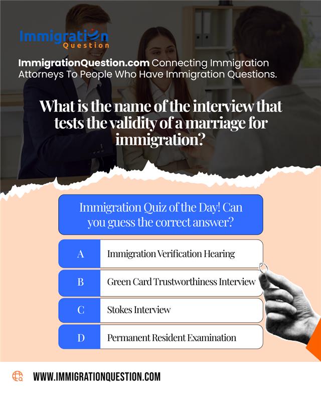 IMQuestionUSA's tweet image. Think you know the answer? Test your immigration knowledge! What is the name of the interview that checks the validity of a marriage for immigration? Drop your answer in the comments.
 
FREE Registration Today! ➡️ 
immigrationquestion.com/submit
 
#ImmigrationQuiz #GreenCardInterview