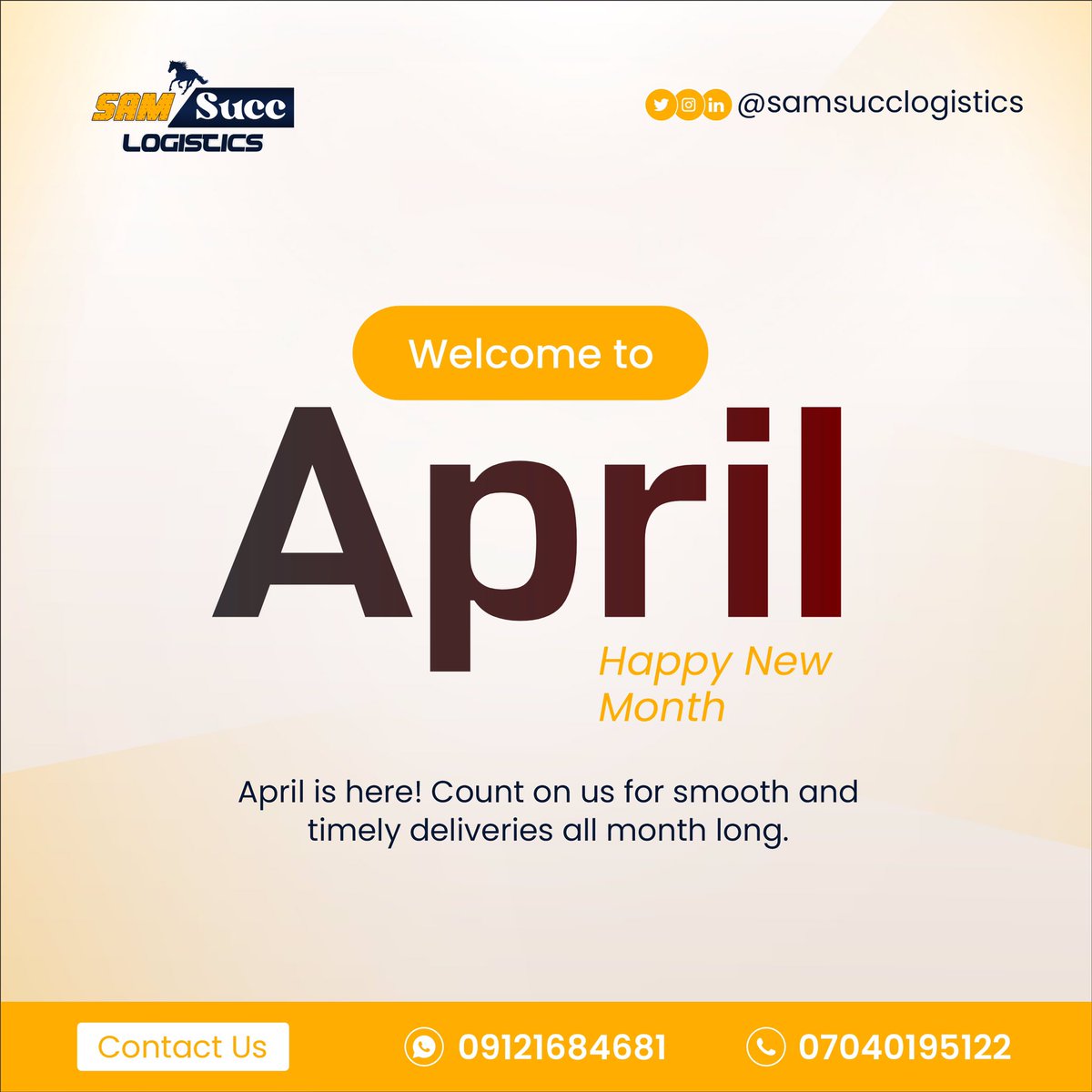 Samsucc_Log's tweet photo. Happy new month from samsucc Logistics #AprilFoolDay #samsuccLogistics #HappyNewMonth https://t.co/zmRBcr0I3A