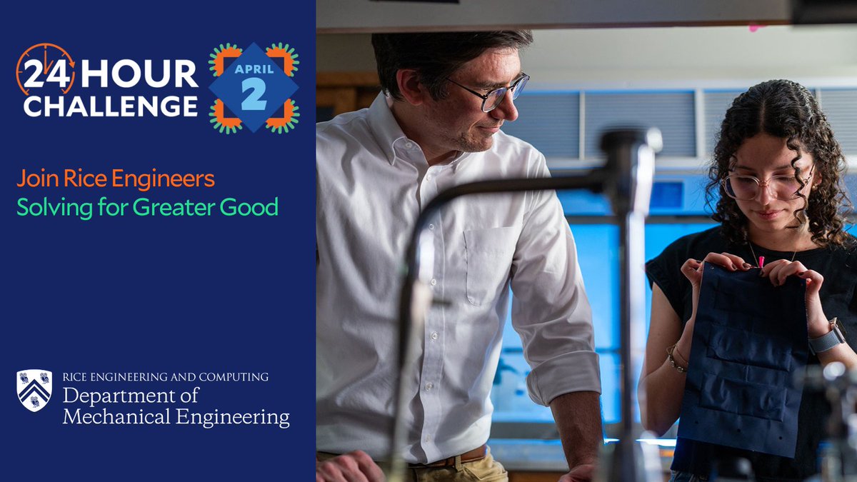 The countdown is on: Tomorrow is Rice’s 24-Hour Challenge! Your gift supports opportunities for students to experience hands-on engineering of real-world design challenges and research.

Make your gift to the MECH Department Excellence Fund early today! givecampus.com/y4v34c