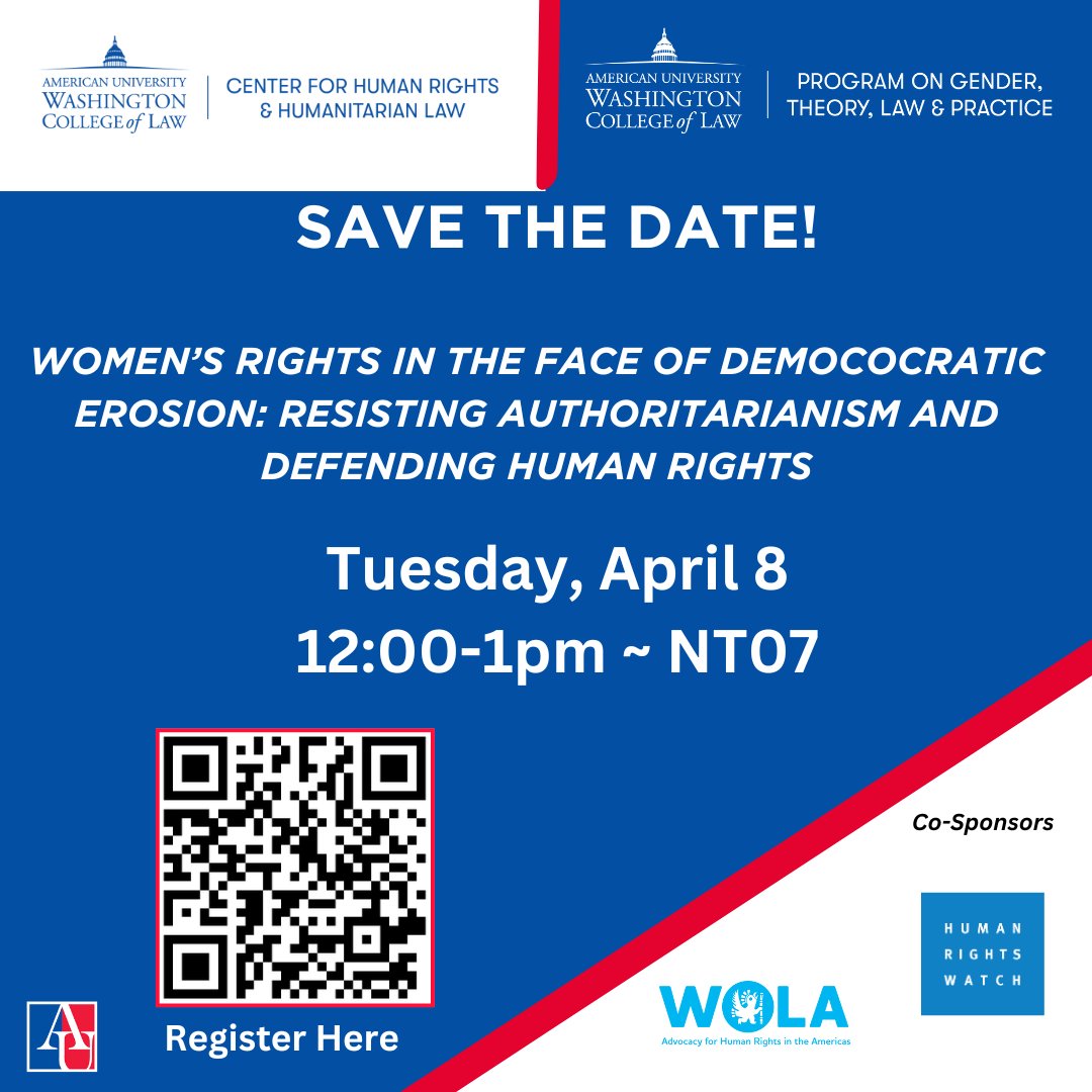 Join us April 8 @ 12 PM in NT07 for a discussion on resisting authoritarianism &amp; defending human rights.

Organized by GTLP &amp; Center for Human Rights and Humanitarian Law, co-sponsored by HRW &amp; WOLA