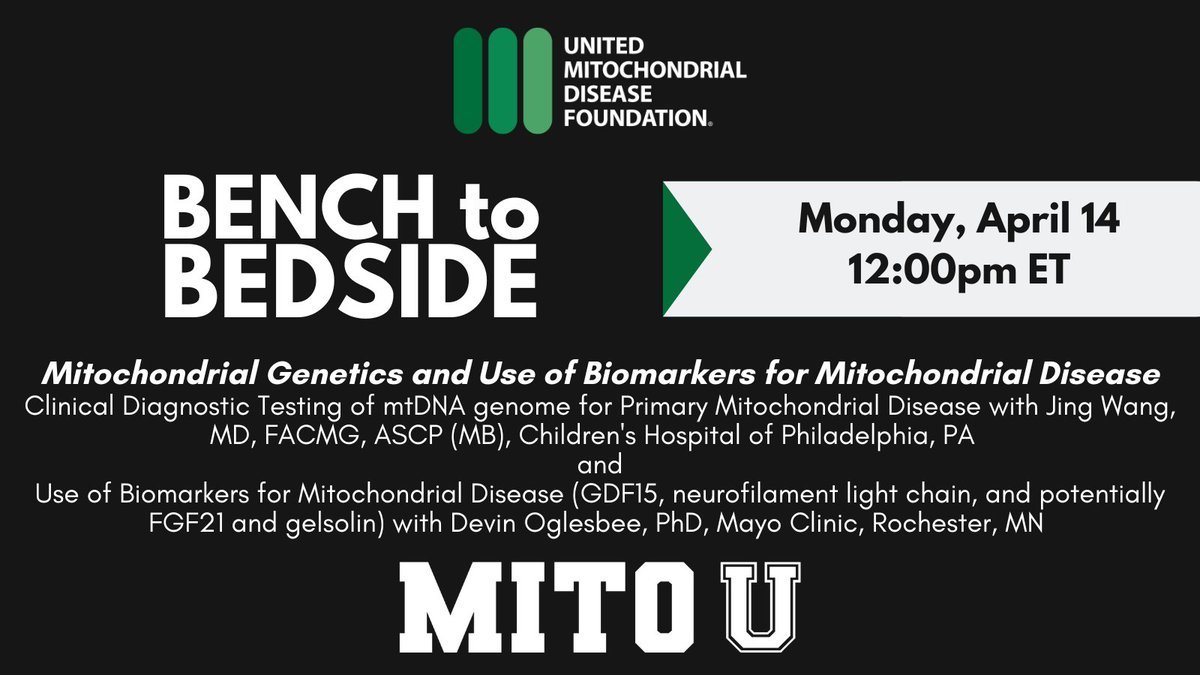 Science & Alliance - UMDF (@umdfscience) on Twitter photo Join us on Monday, April 14 at 12:00pm ET for a Bench-to-Bedside talk on Mitochondrial Genetics and Use of Biomarkers for Mitochondrial Disease, moderated by Dr. Fernando Scaglia with speakers from <a href="/ChildrensPhila/">Children's Hospital</a> and <a href="/MayoClinic/">Mayo Clinic</a>. FREE webinar. Register: umdf-mitou.teachable.com/p/mitou-umdfbtb Join us on Monday, April 14 at 12:00pm ET for a Bench-to-Bedside talk on Mitochondrial Genetics and Use of Biomarkers for Mitochondrial Disease, moderated by Dr. Fernando Scaglia with speakers from <a href="/ChildrensPhila/">Children's Hospital</a> and <a href="/MayoClinic/">Mayo Clinic</a>. FREE webinar. Register: umdf-mitou.teachable.com/p/mitou-umdfbtb