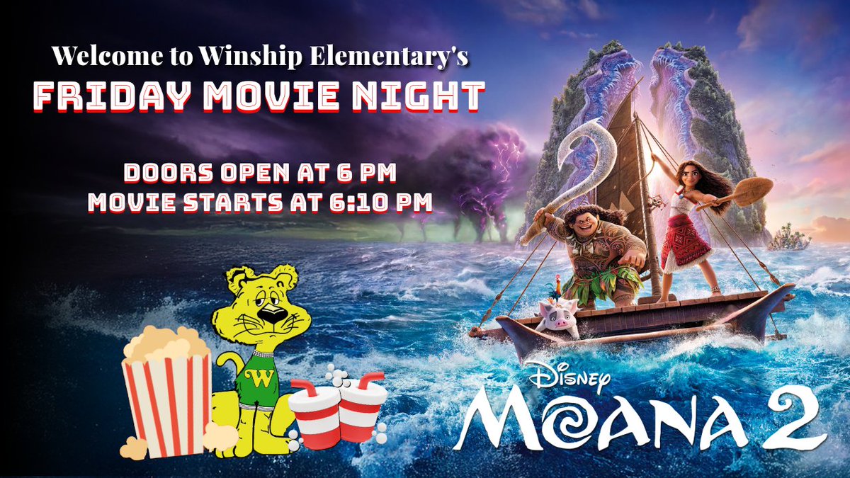 Welcome to <a href="/WinshipES/">WinshipES</a>'s Movie Night!  This Friday at 6:10 PM we are watching Moana 2.  Thank you for supporting our school.  Together we are #Unstoppable!
#WeAreSpring #WinshipProud 
<a href="/BecomingDrTodd/">Todd Armelin</a> <a href="/SpringISD/">Spring ISD</a>