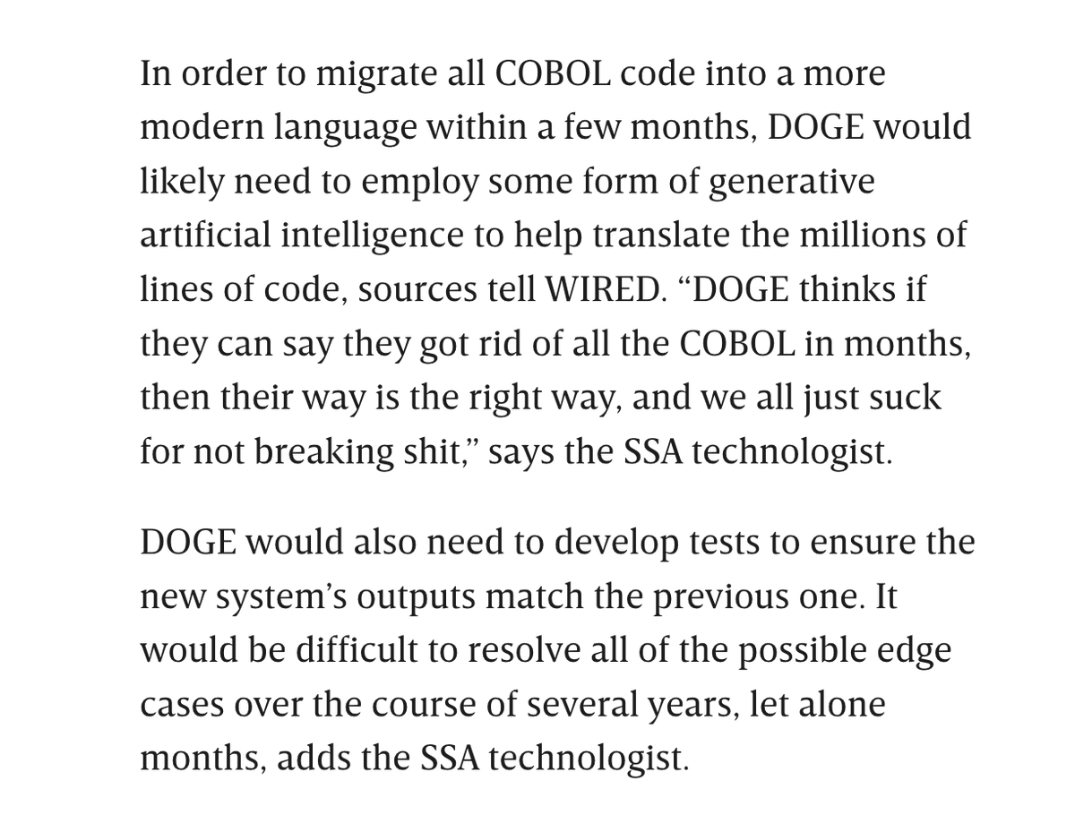 🤣 Elon Musk quiere re-programar 60 millones de línea de código en COBOL en un par de meses ayudándose en IA.

Quiere pasar a algo más moderno "como Java" para los sistemas que liquidan las pensiones y manejan temas de Seguridad Social.

Por eso conviene estudiar, chicos.