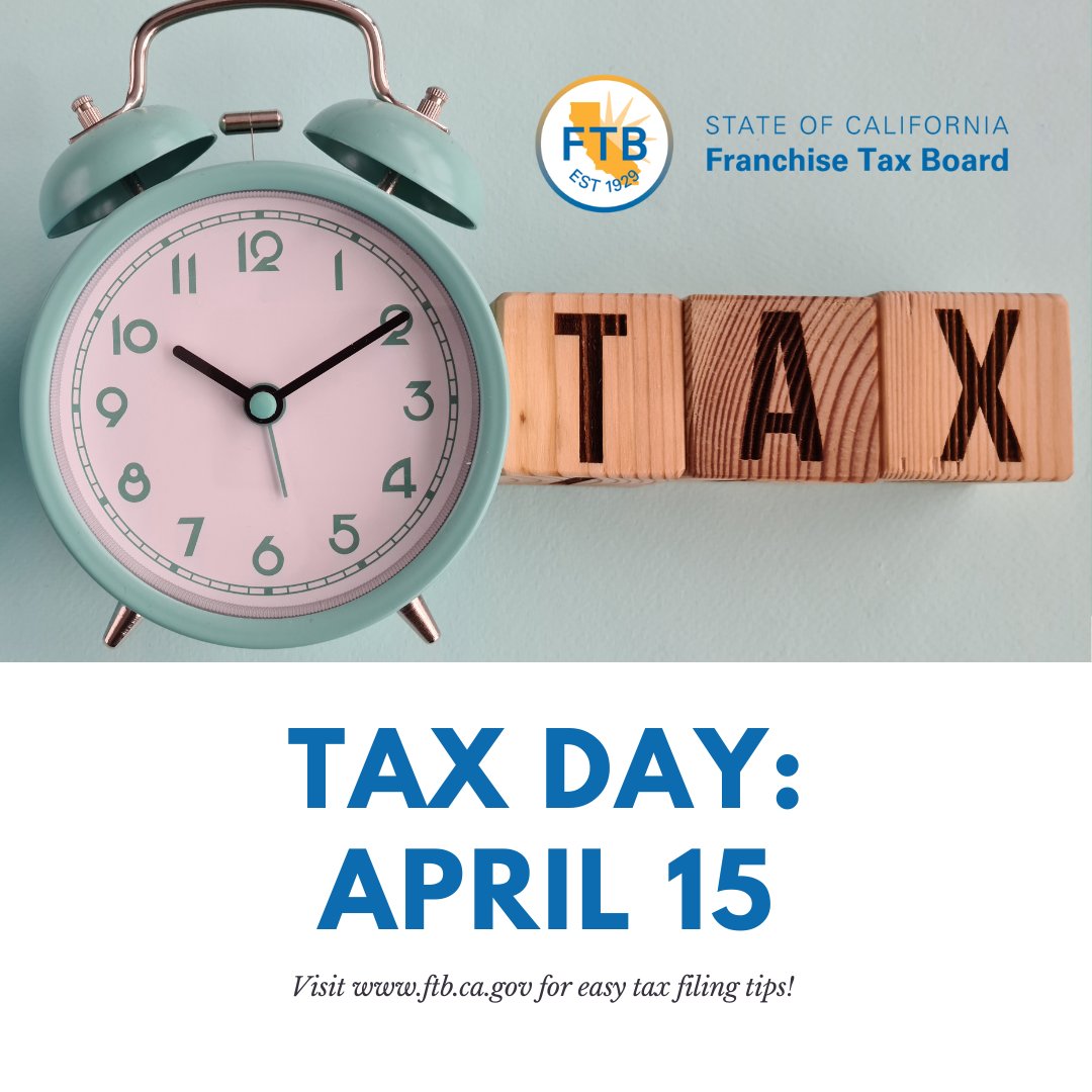 Tax Day is around the corner! The filing deadline this year is Tuesday, April 15th. File your return with #CalFile! It’s quick and easy! ftb.ca.gov
