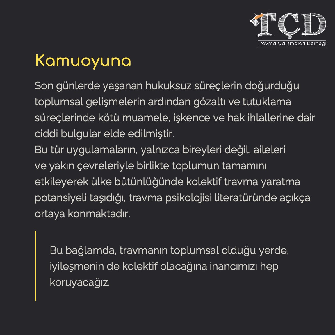 TravmaDernek's tweet photo. Travma Çalışmaları Derneği olarak, gözaltı ve tutuklama süreçlerindeki ihlalleri insan hakları ve ruh sağlığı çerçevesinde takip ediyor; tutuklanan bireyler ve ailelerine yönelik psikososyal destek sunmak üzere çalışmalar yürüttüğümüzü kamuoyuna duyuruyoruz. https://t.co/J2ePS6Sa3l