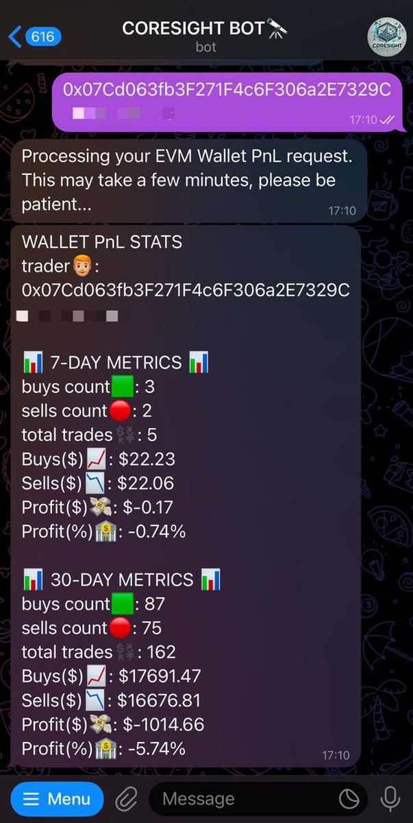 coresightbot's tweet photo. NEW UPDATE ALERT!🚨

Both the Solana and EVM PnL features now show both 7 & 30 DAYS PROFITABILITY METRICS for wallets searched for deeper insights!🚀📈

Find out more about the CORESIGHT BOT through the docs!: https://t.co/nudwdiKu73 🌐