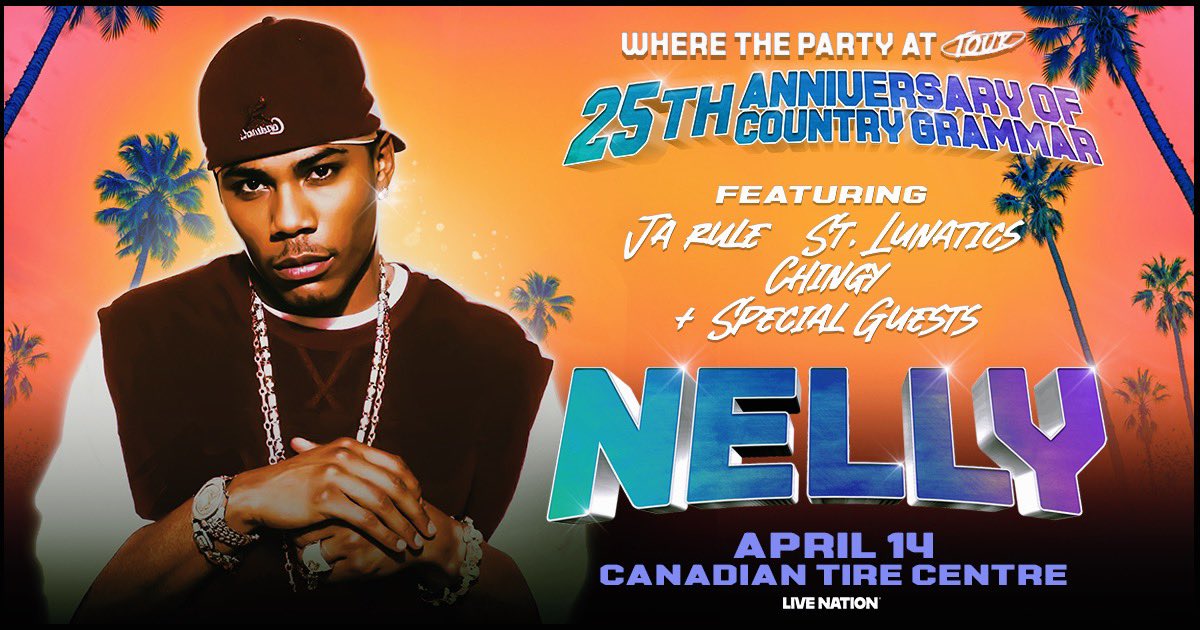 25 years of Country Grammar!! Nelly brings the celebration to Ottawa on April 14th at Canadian Tire Centre, featuring Ja Rule, St. Lunatics, Chingy, and special guests. 🔥🇨🇦

Tickets are moving fast, get yours now. ticketmaster.ca/nelly-with-ja-…