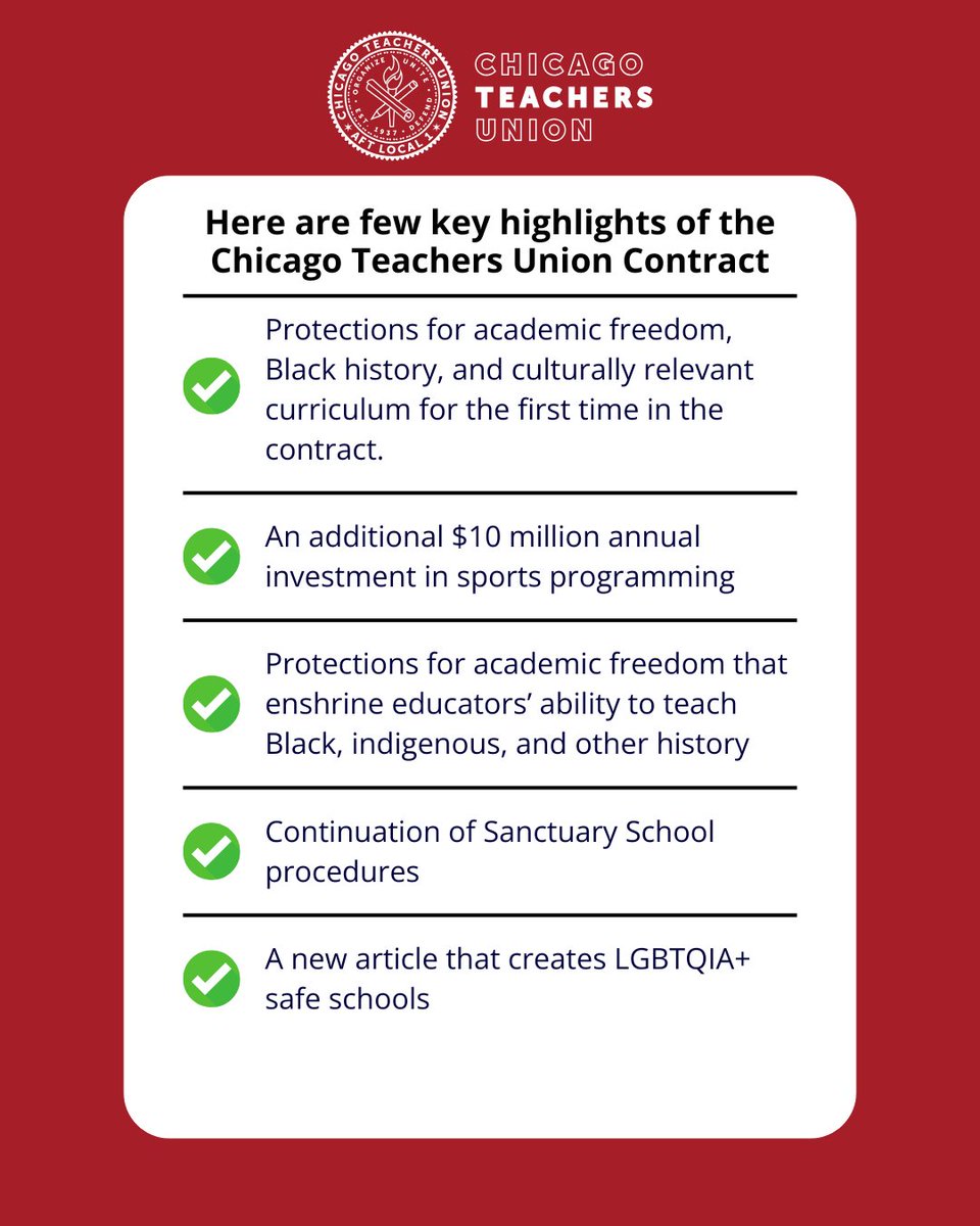 More librarians, smaller class sizes, bilingual &amp; special education. These are just a few highlights that are included in the historic Chicago Teachers Union contract. Swipe to learn more. ➡️