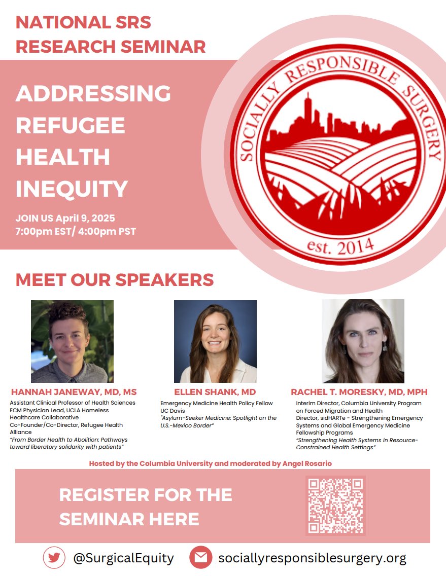 Join the SRS seminar on refugee health inequity hosted by Columbia University next Wednesday!