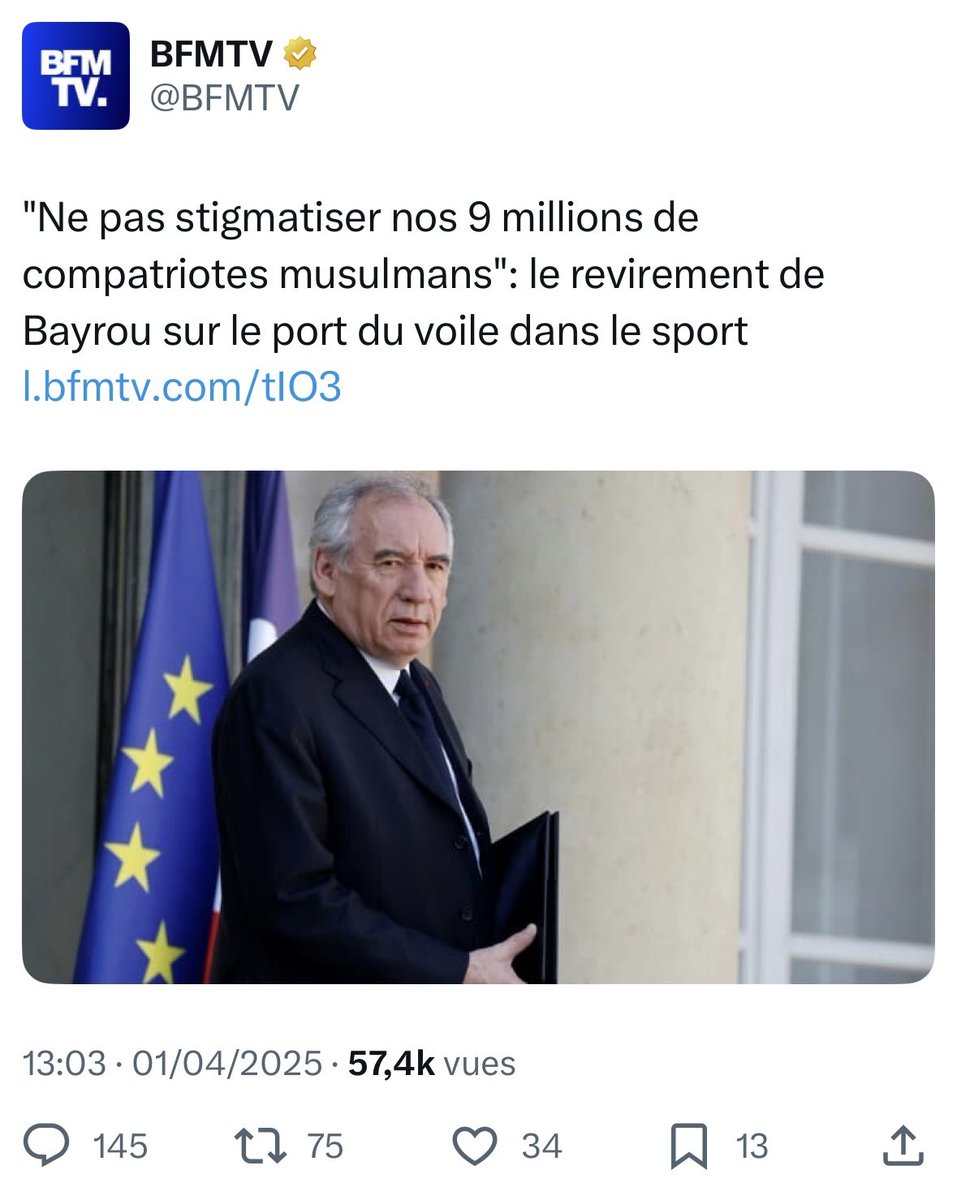 Lettre ouverte à François Bayrou

Monsieur Bayrou,

Vous avez déclaré qu’il ne faut pas stigmatiser les musulmans à propos du voile dans le sport. Mais c’est vous qui stigmatisez des milliers de femmes, des femmes comme moi, qui ont refusé le voile. Vous nous rendez invisibles.