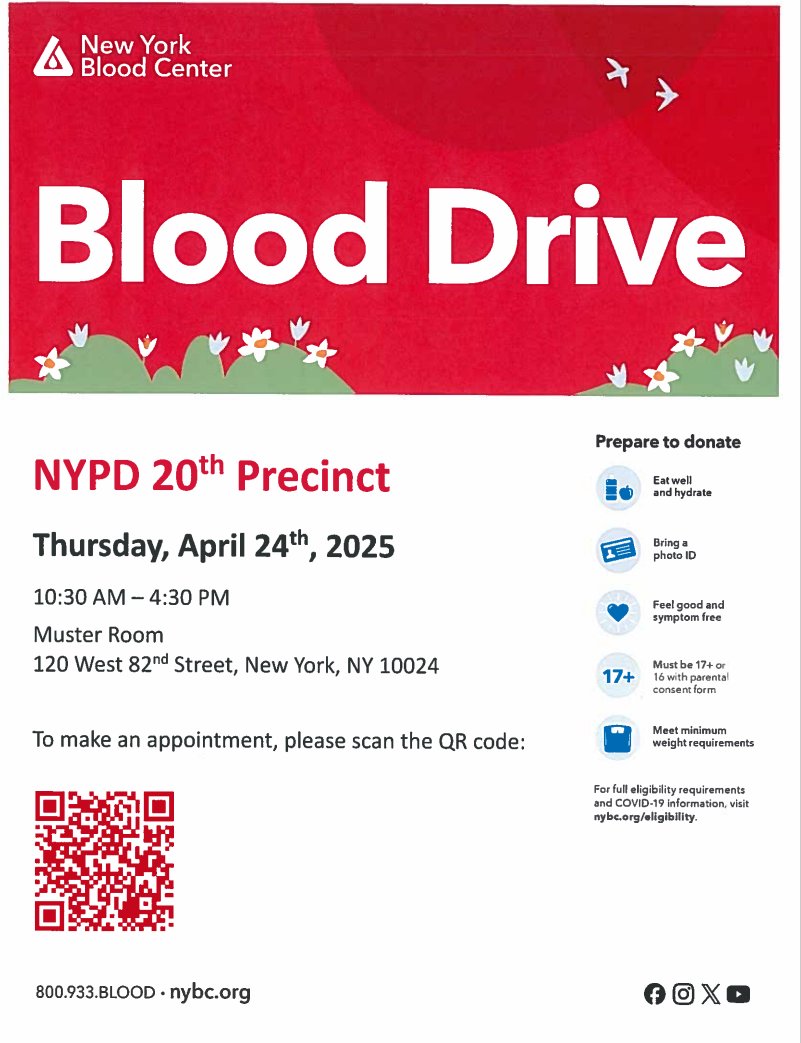 The 20th Precinct is hosting its annual blood drive, and we'd love for you to be a part of it. Both appointments and walk-ins are welcome. Come donate and help save lives!