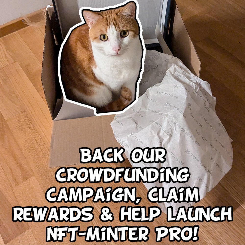 NFTMinter_X's tweet photo. We're building the ultimate NFT automation tool, and you can be part of it! 🏆 Back our crowdfunding campaign, claim exclusive rewards, and help bring NFT-Minter PRO to life.
🐱 Even Joey knows a good deal when he sees one!
📢 Support now &amp; shape the future of NFT creation!
 #NFT https://t.co/39iuTW4mOk