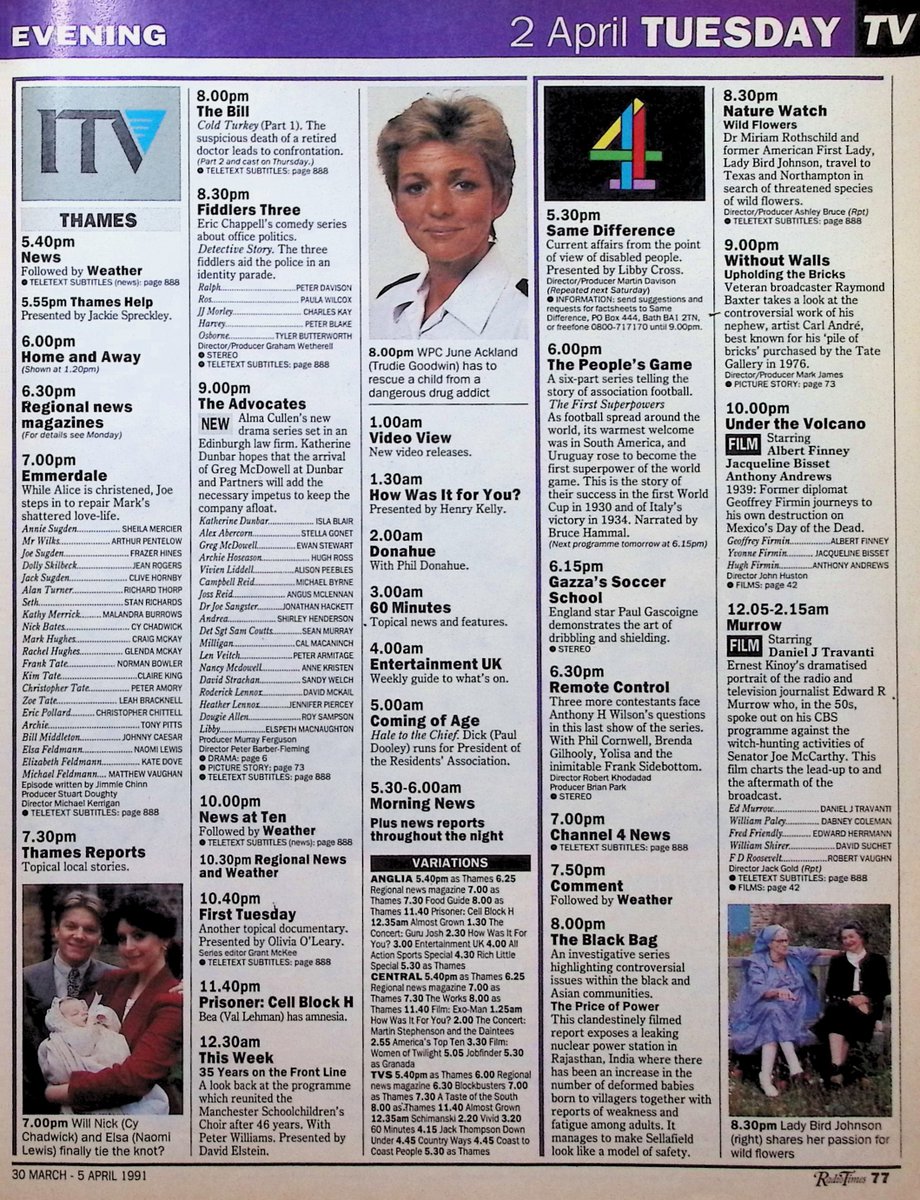 TvDidYouSee's tweet photo. #OnThisDay 2 April 1991 📺TV Listings
New hope for the Mitchells in #EastEnders.
It's baby Alice's christening in #Emmerdale.
New legal drama in KINSEY on BBC1 and THE ADVOCATES on ITV.
#SallyGunnell plays A QUESTION OF SPORT.
#PeterDavidson stars in FIDDLER'S THREE. https://t.co/bq0lB5UxAg