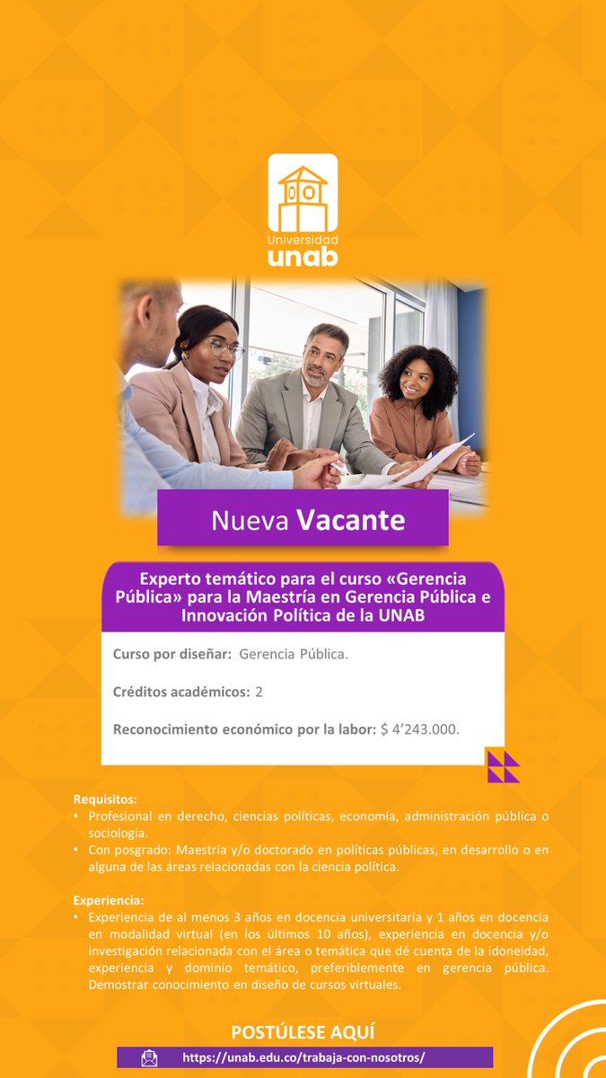 📢 Convocatoria Experto temático para el curso «Gerencia Pública» para la Maestría en Gerencia Pública e Innovación Política de la UNAB. Postúlate: unab.edu.co/experto-temati…