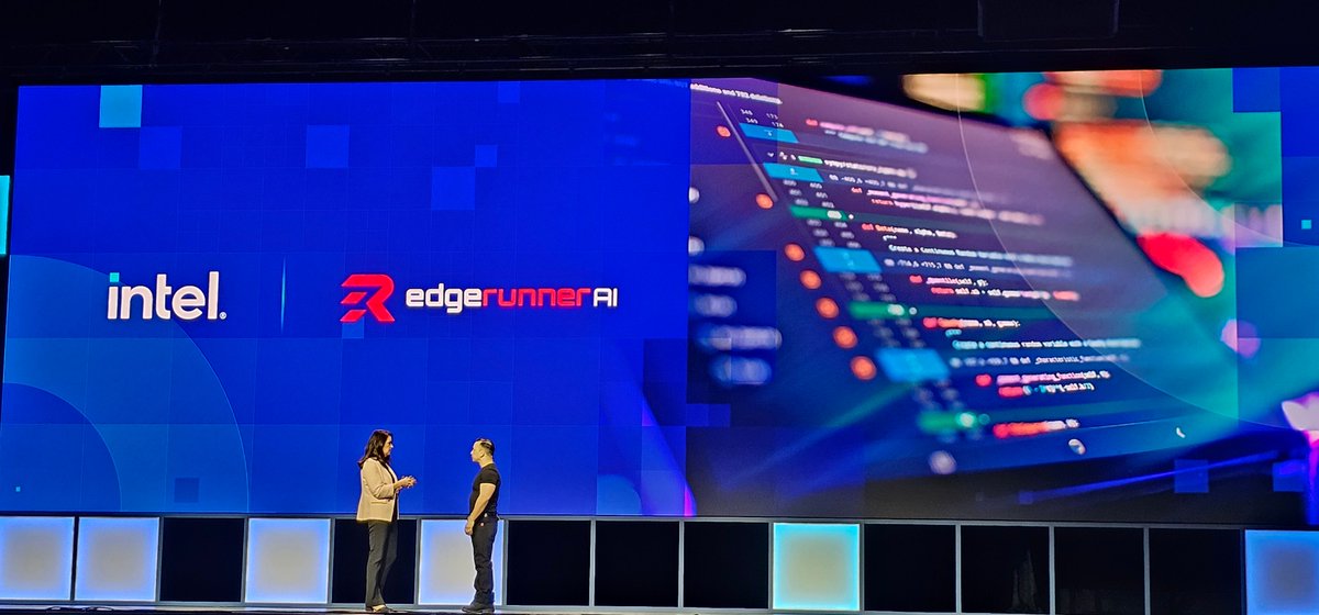 tiriasresearch's tweet image. Michelle Johnston Holthaus, CEO of @Intel Products, highlights how Intel is working with customers like EdgeRunner AI to develop AI applications like agents for defense applications. #IntelVision2025 #CoolTech