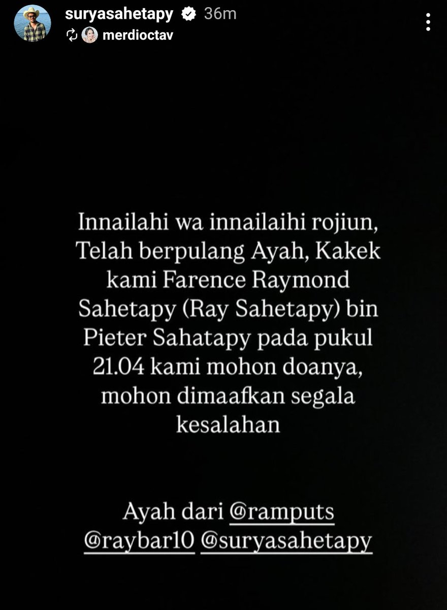 HabisNontonFilm's tweet photo. Innalilahi wa inna ilaihi rajiun. Berita duka untuk dunia perfilman Indonesia.

Telah meninggal dunia Ray Sahetapy pada 1 April 2025 pukul 21.04 WIB di usia 68 tahun.

Semoga seluruh amal ibadah beliau diterima Allah SWT dan semua yg ditinggalkan diberikan ketabahan. https://t.co/lMCDOZKI9j